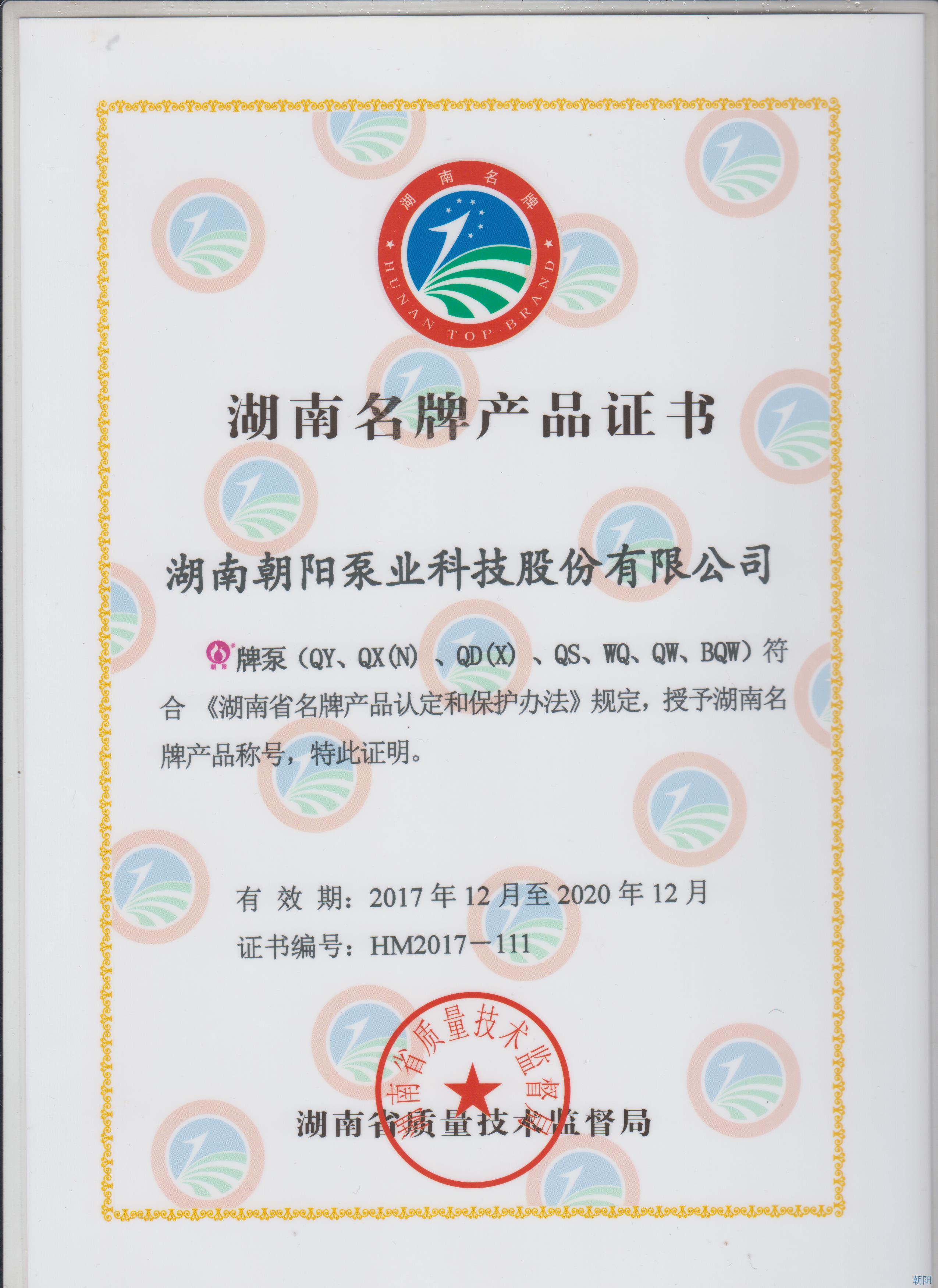 “朝陽”牌水泵榮獲湖南名牌產(chǎn)品稱號 “朝陽”牌水泵榮獲湖南名牌產(chǎn)品稱號